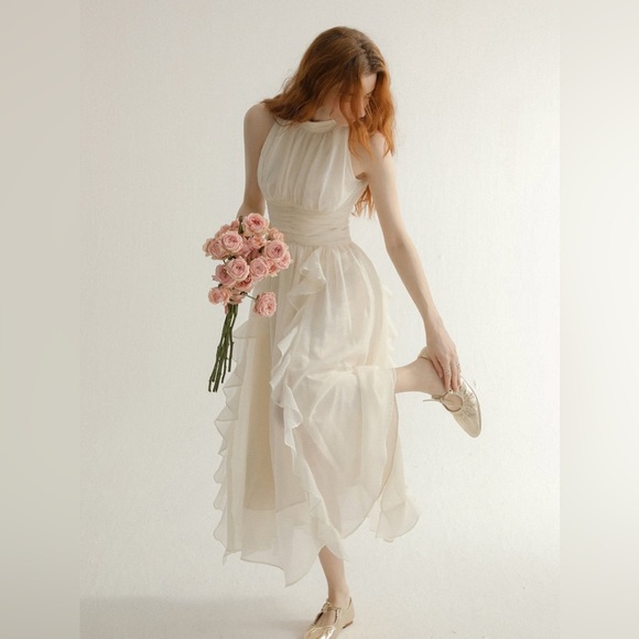 SINCETHEN Timeless Sleeveless Cream Ruffled Tiered Maxi Midi Dress S XS Bridal - Picture 5 of 16